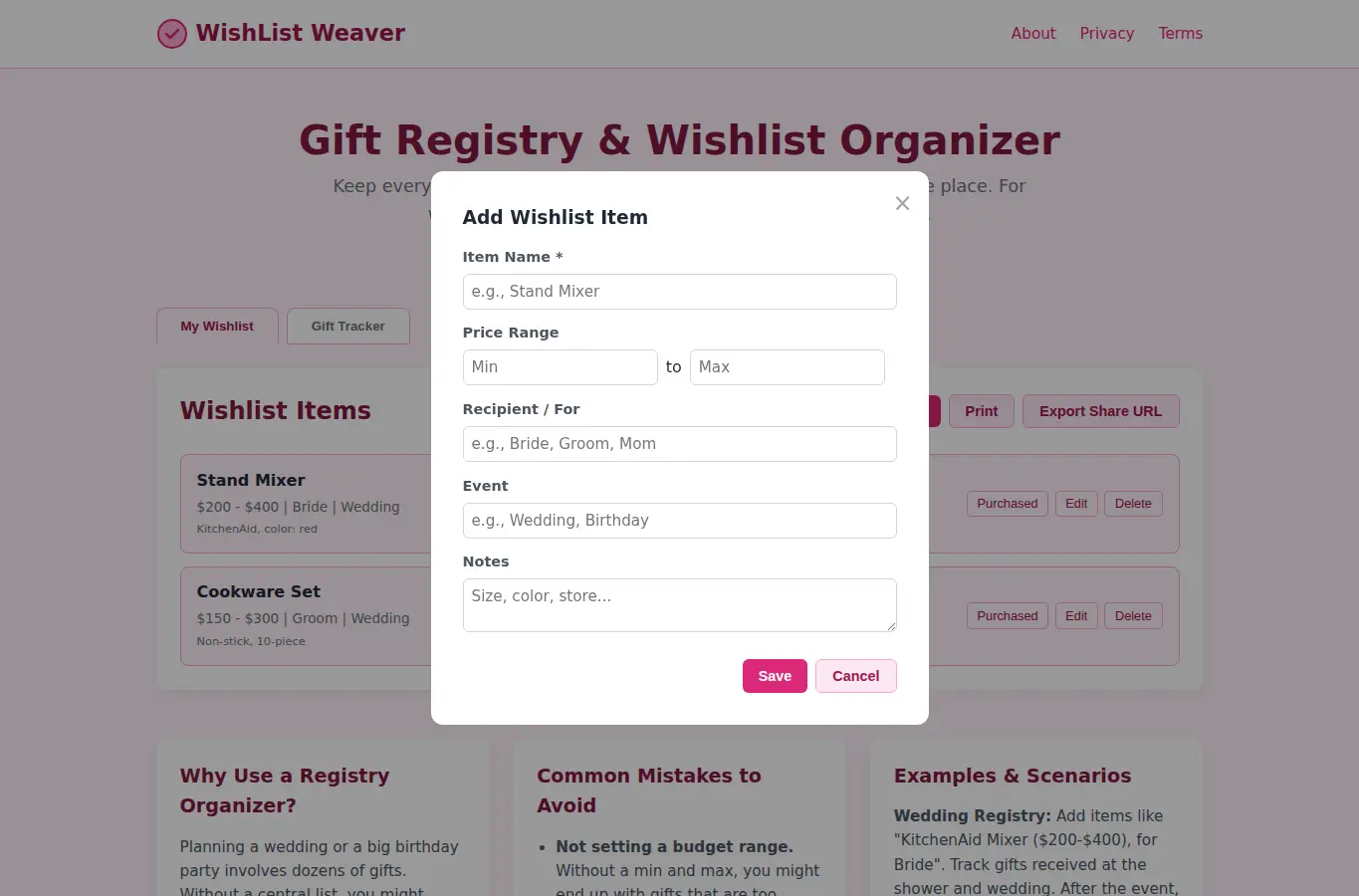 Screenshot of WishList Weaver interface showing the project page in use